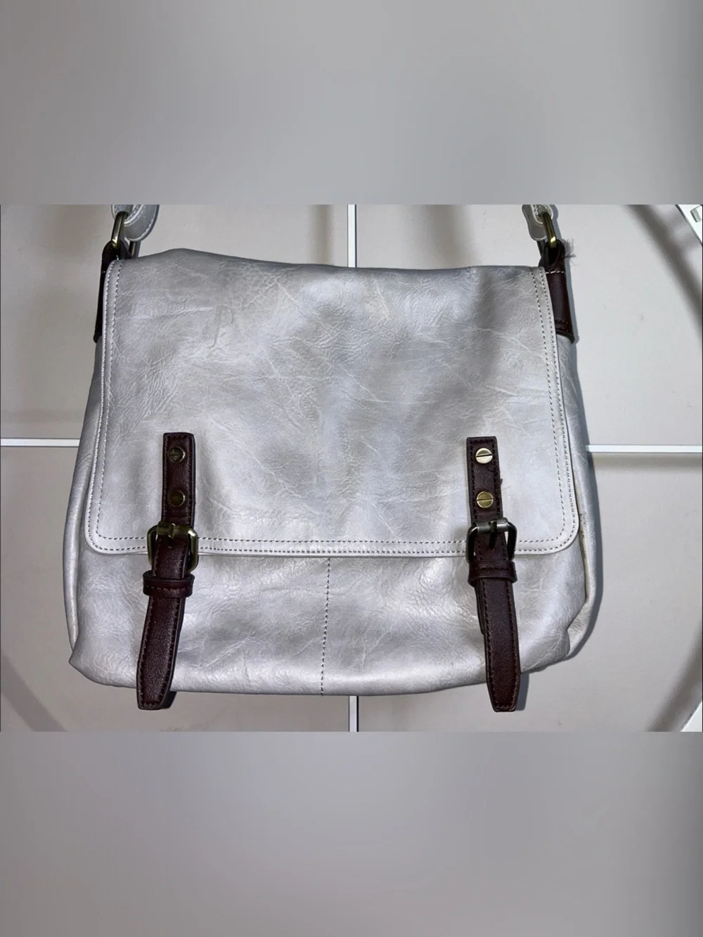 Gray Vegan Leather Crossbody Messenger Bag with Dark Brown Straps